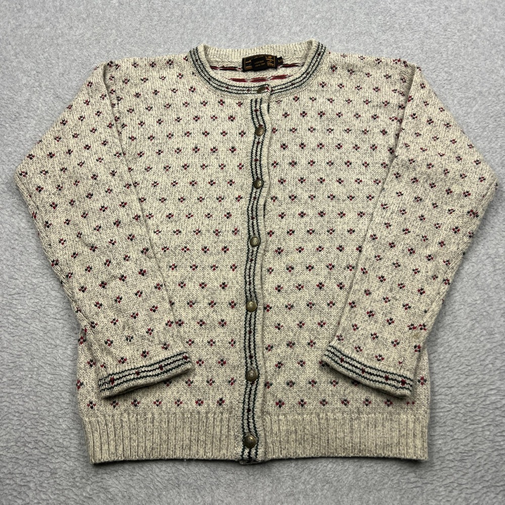 VTG Eddie Bauer Cardigan Womens Small Beige Floral Wool Nordic Button Up Sweater
